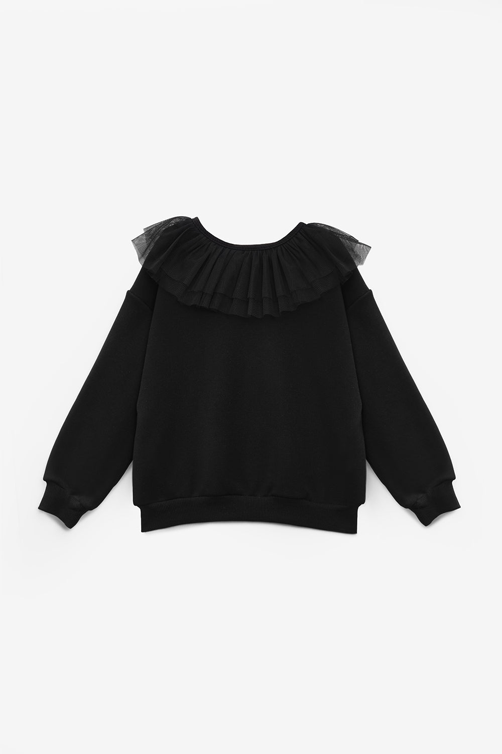 Siyah  Tül Yaka Detaylı Uzun Kollu Kız Çocuk Sweatshirt - Zora