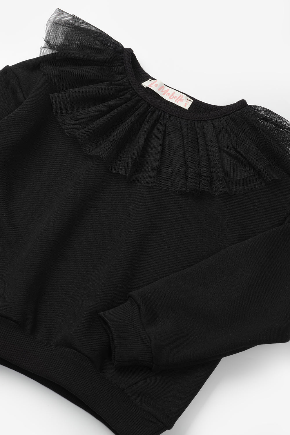 Siyah  Tül Yaka Detaylı Uzun Kollu Kız Çocuk Sweatshirt - Zora