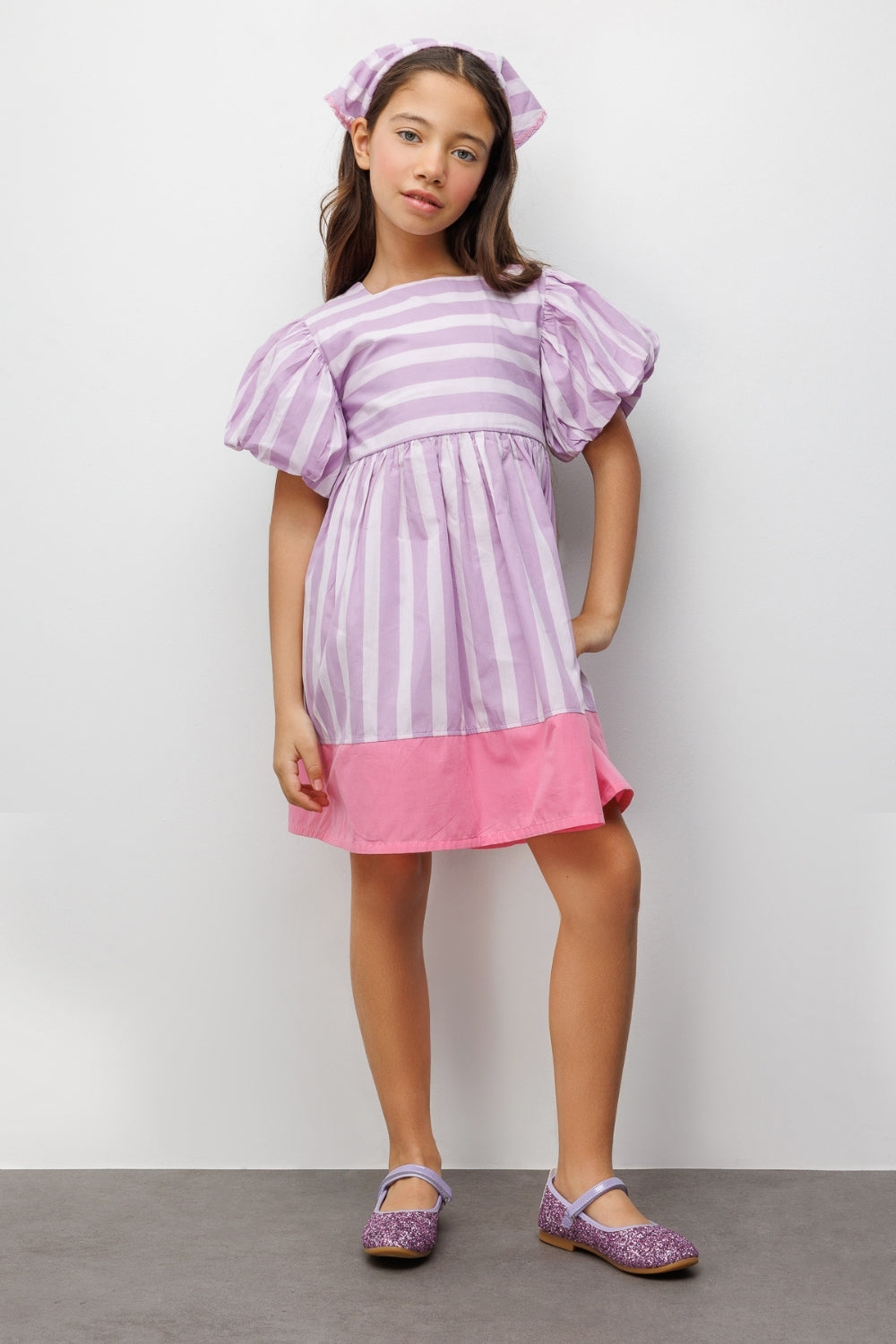 Lila  Çizgili Kız Çocuk Poplin Elbise - Juno