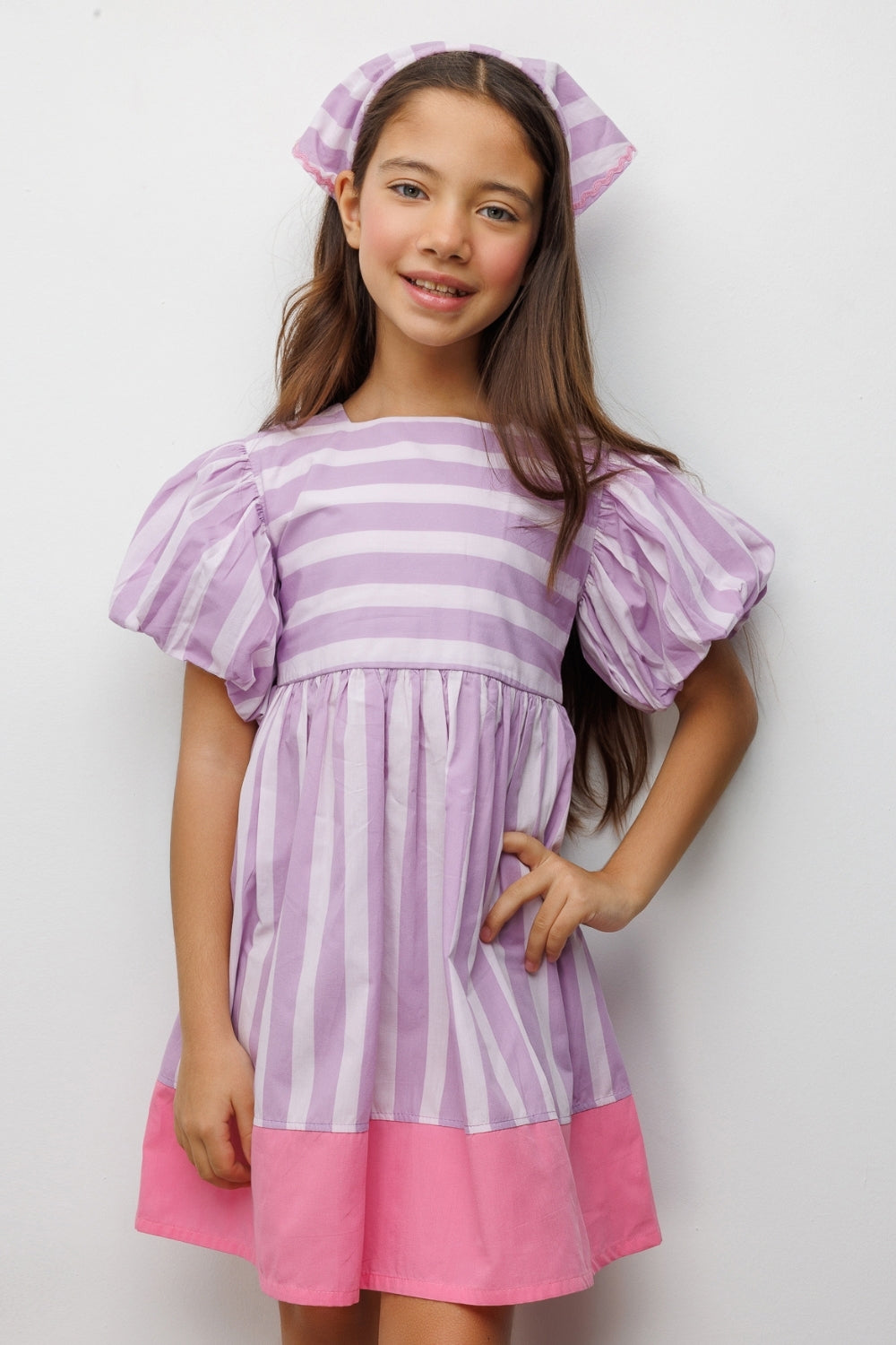 Lila  Çizgili Kız Çocuk Poplin Elbise - Juno