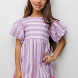 Lila  Çizgili Kız Çocuk Poplin Elbise - Juno