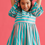 Mint Çizgili Kız Çocuk Poplin Elbise - Juno
