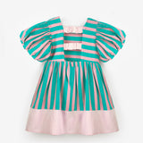 Mint Çizgili Kız Çocuk Poplin Elbise - Juno