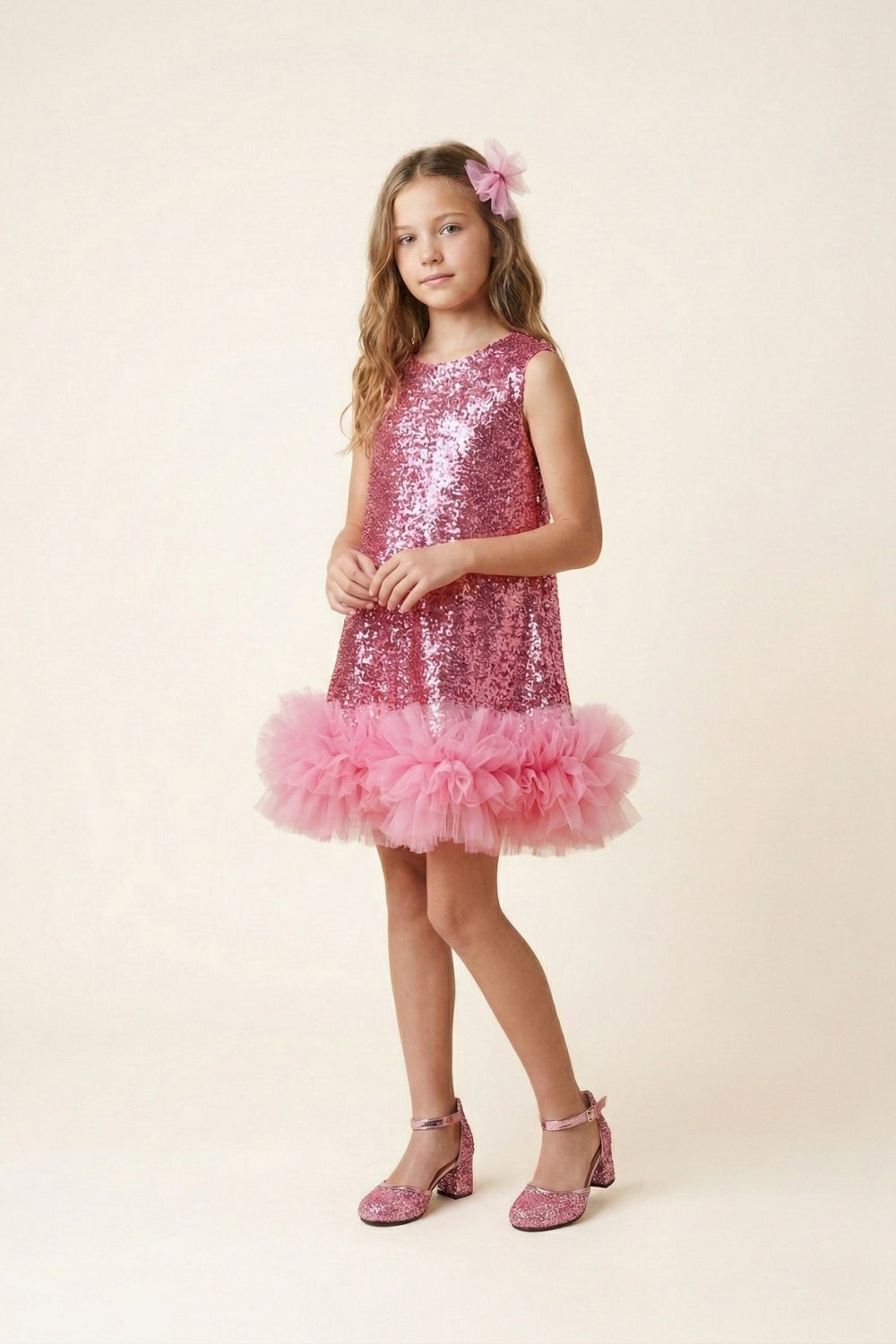 Fuşya Pullu Etek Ucu Fırfır Detaylı Kız Çocuk Abiye Mezuniyet Elbisesi - Aurora