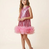 Fuşya Pullu Etek Ucu Fırfır Detaylı Kız Çocuk Abiye Mezuniyet Elbisesi - Aurora