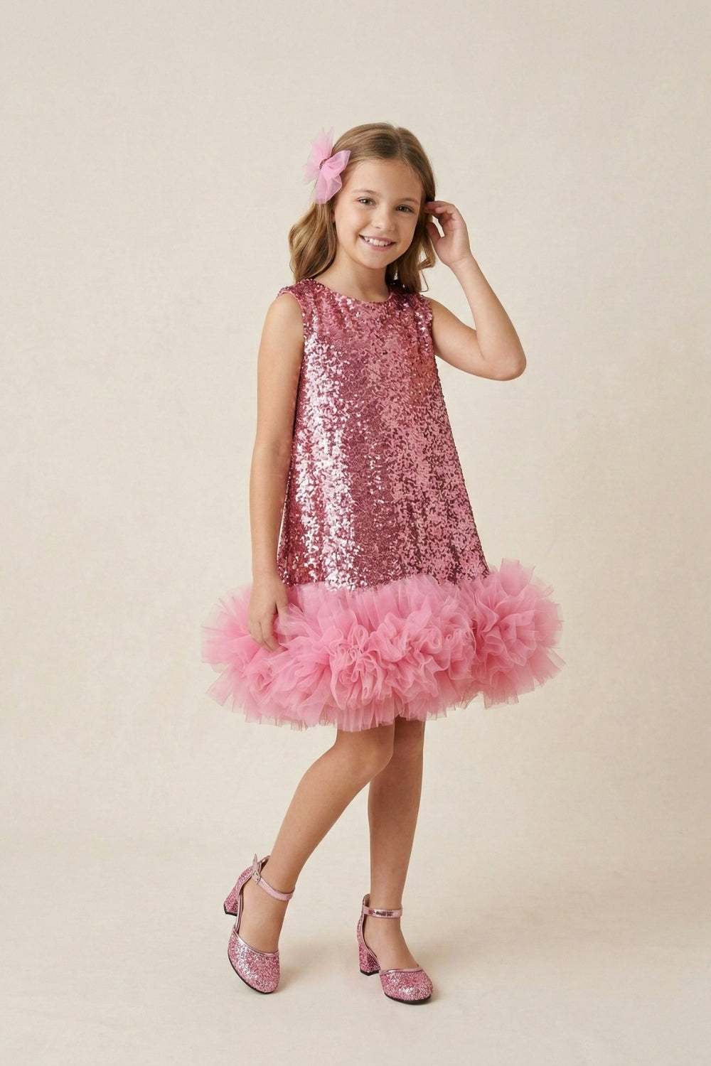 Fuşya Pullu Etek Ucu Fırfır Detaylı Kız Çocuk Abiye Mezuniyet Elbisesi - Aurora