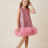 Fuşya Pullu Etek Ucu Fırfır Detaylı Kız Çocuk Abiye Mezuniyet Elbisesi - Aurora