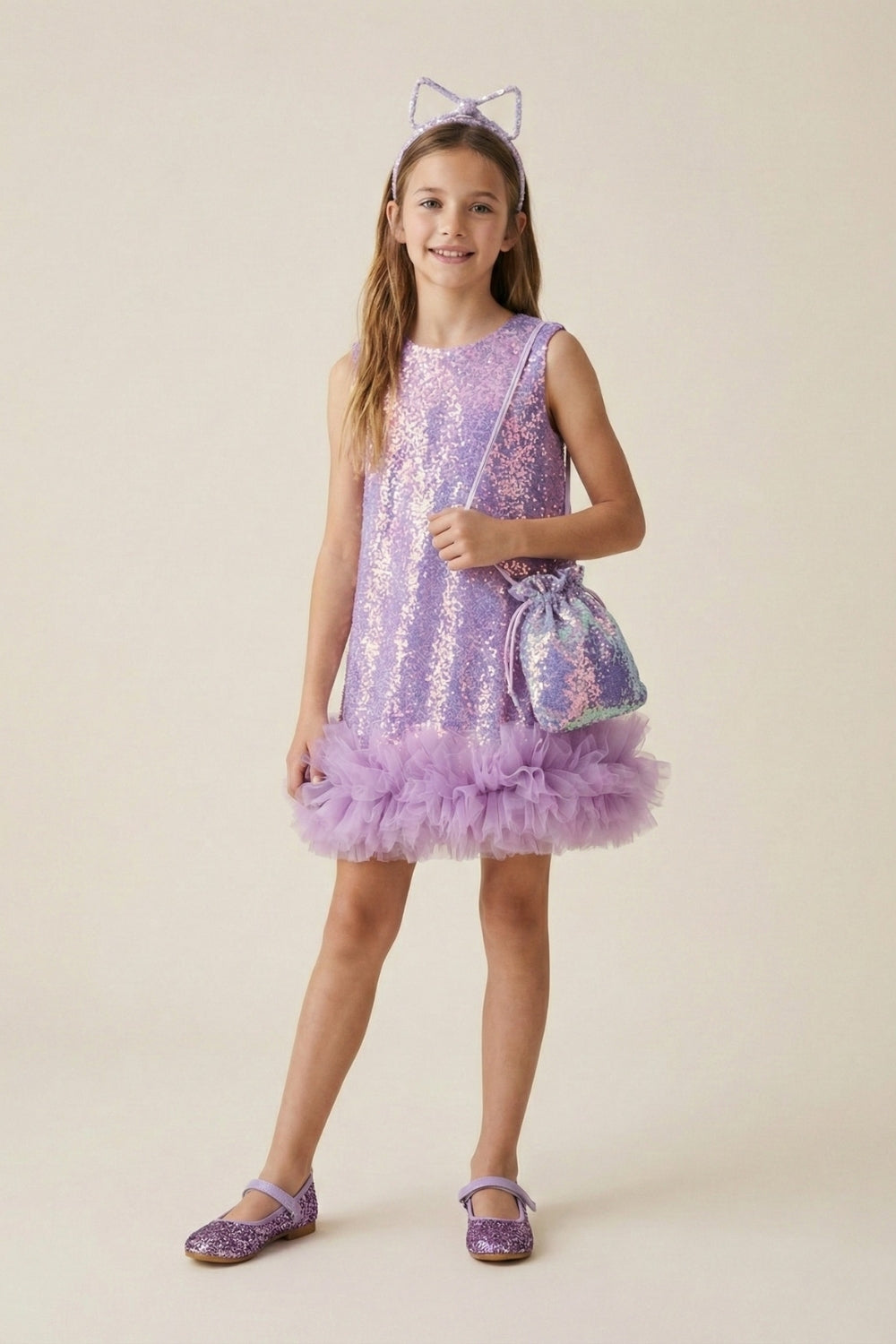 Lila Pullu Etek Ucu Fırfır Detaylı Kız Çocuk Abiye Mezuniyet Elbisesi - Aurora