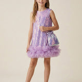 Lila Pullu Etek Ucu Fırfır Detaylı Kız Çocuk Abiye Mezuniyet Elbisesi - Aurora