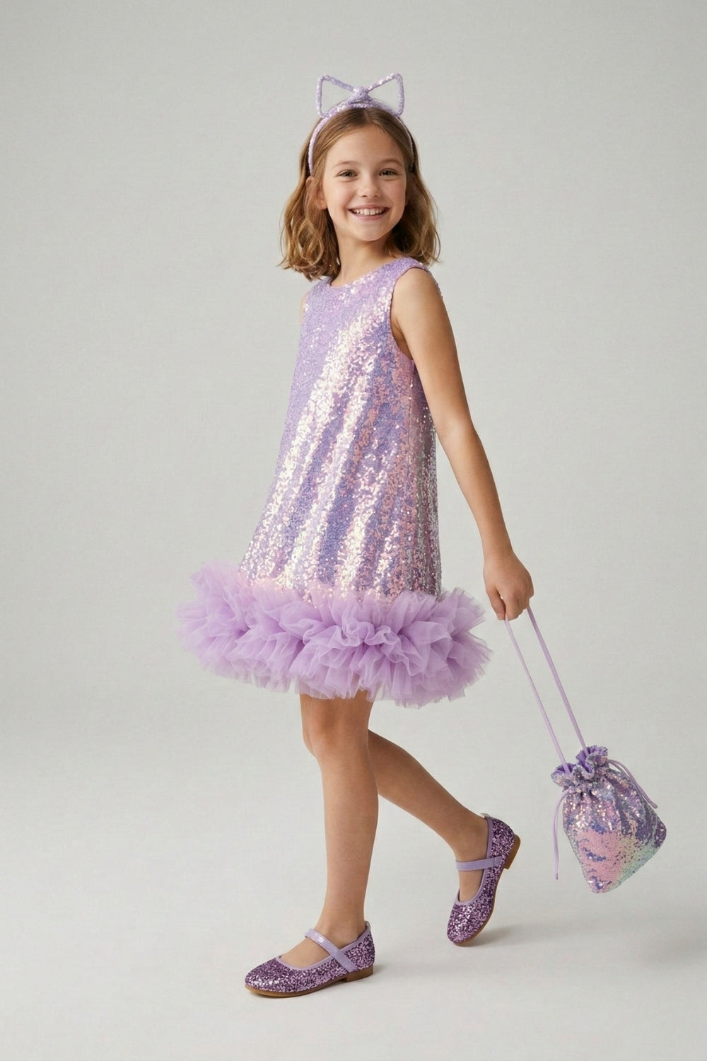 Lila Pullu Etek Ucu Fırfır Detaylı Kız Çocuk Abiye Mezuniyet Elbisesi - Aurora