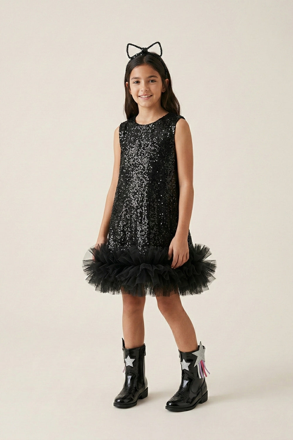Siyah Pullu Etek Ucu Fırfır Detaylı Kız Çocuk Abiye Mezuniyet Elbisesi - Aurora