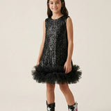 Siyah Pullu Etek Ucu Fırfır Detaylı Kız Çocuk Abiye Mezuniyet Elbisesi - Aurora