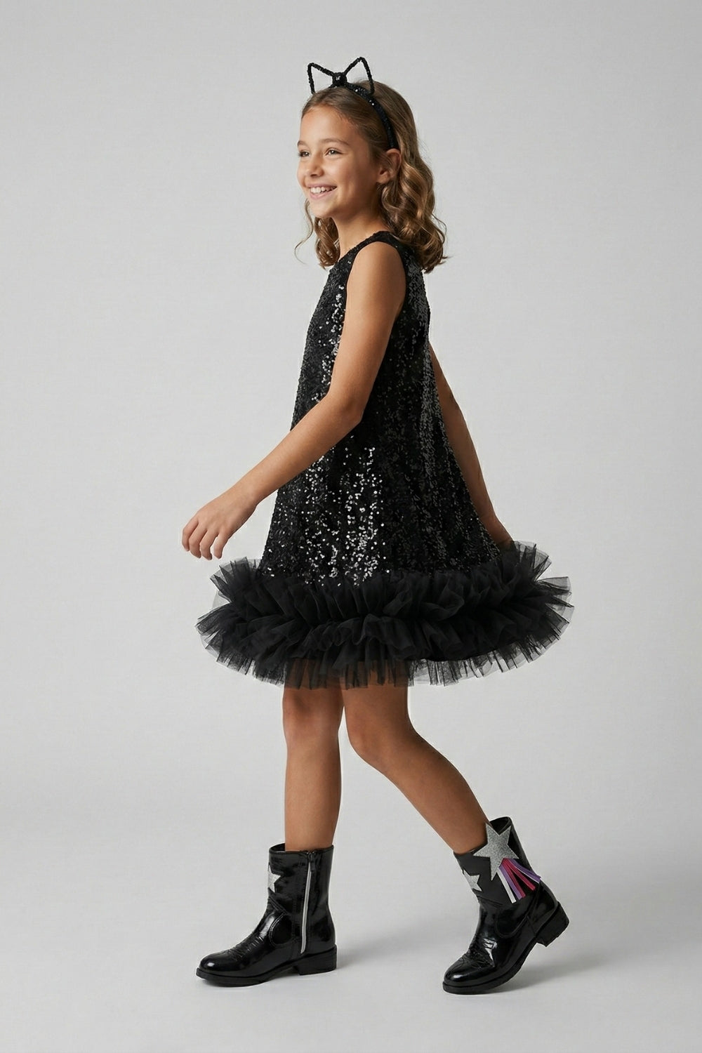 Siyah Pullu Etek Ucu Fırfır Detaylı Kız Çocuk Abiye Mezuniyet Elbisesi - Aurora