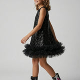 Siyah Pullu Etek Ucu Fırfır Detaylı Kız Çocuk Abiye Mezuniyet Elbisesi - Aurora