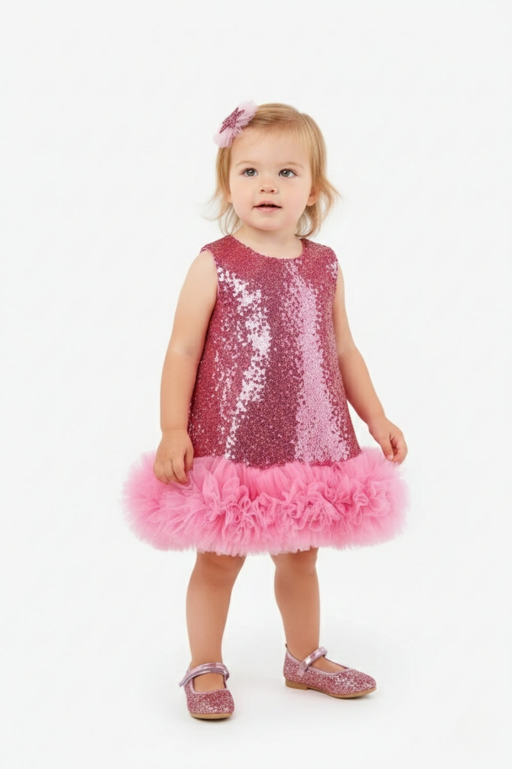 Fuşya Fırfır Detaylı Pullu Kız Bebek Elbise - Dakota
