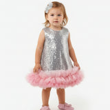 Gümüş Fırfır Detaylı Pullu Kız Bebek Elbise - Dakota