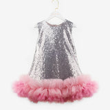 Gümüş  Fırfır Detaylı Pullu Kız Bebek Elbise - Dakota