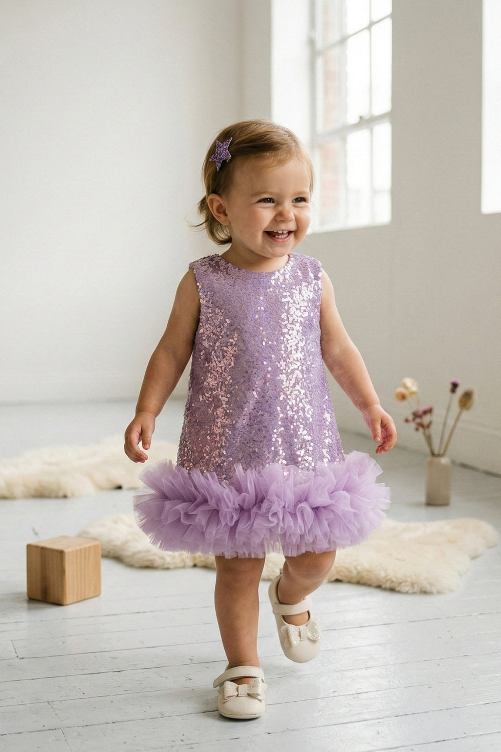 Lila Fırfır Detaylı Pullu Kız Bebek Elbise - Dakota