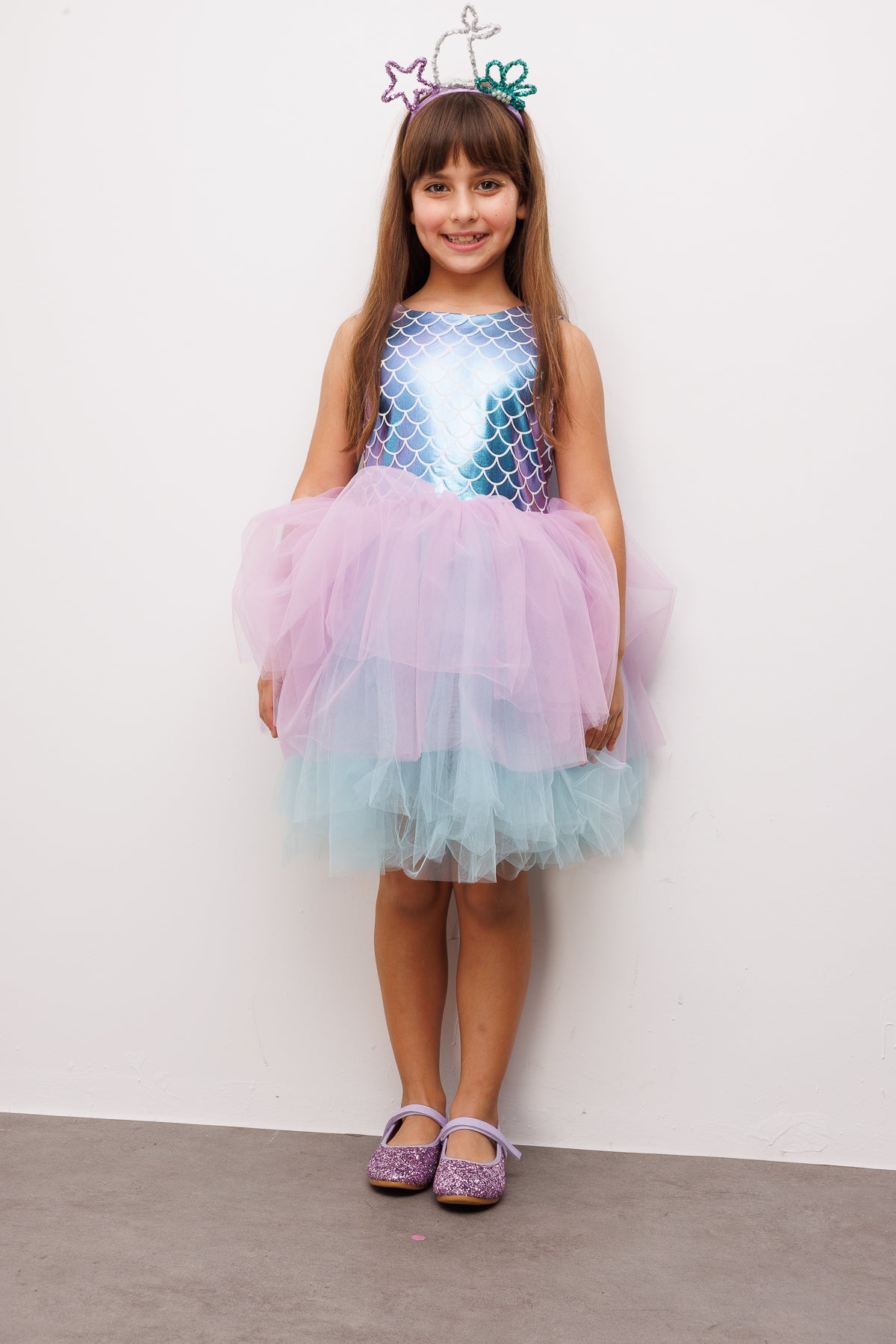 Lila  Deniz Kızı Desenli Tül Etekli Kız Çocuk Elbise - Carey