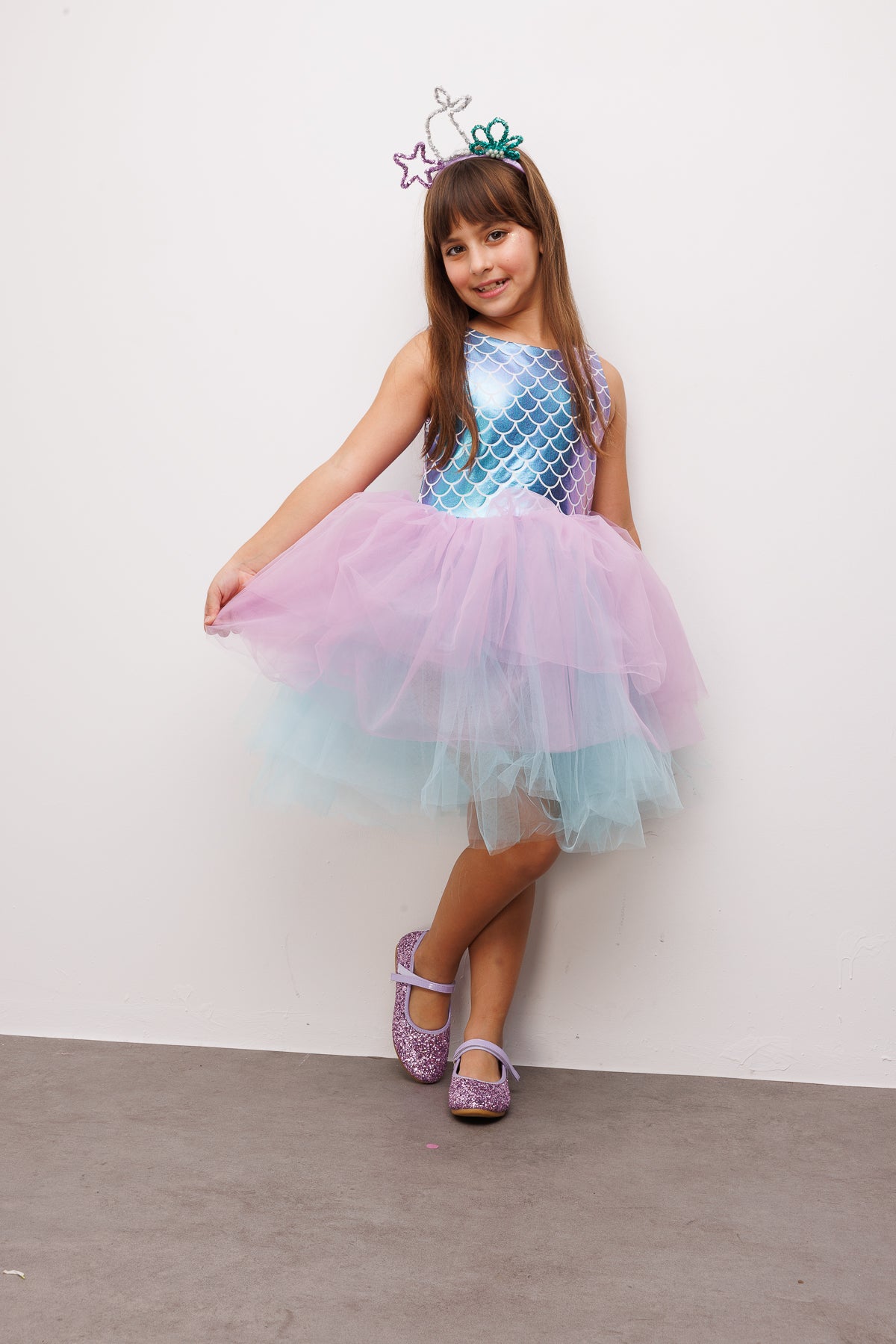 Lila  Deniz Kızı Desenli Tül Etekli Kız Çocuk Elbise - Carey