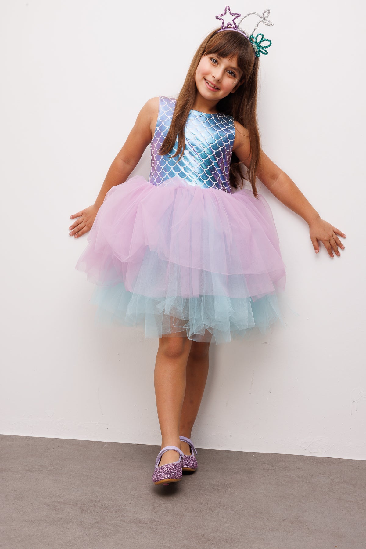 Lila  Deniz Kızı Desenli Tül Etekli Kız Çocuk Elbise - Carey