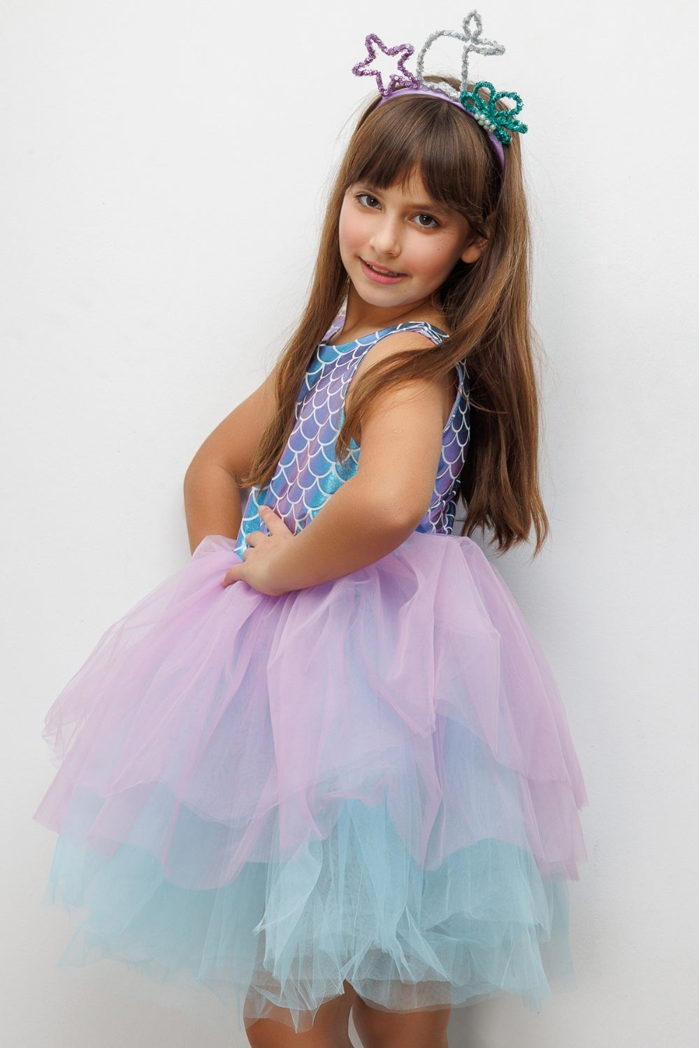 Lila  Deniz Kızı Desenli Tül Etekli Kız Çocuk Elbise - Carey