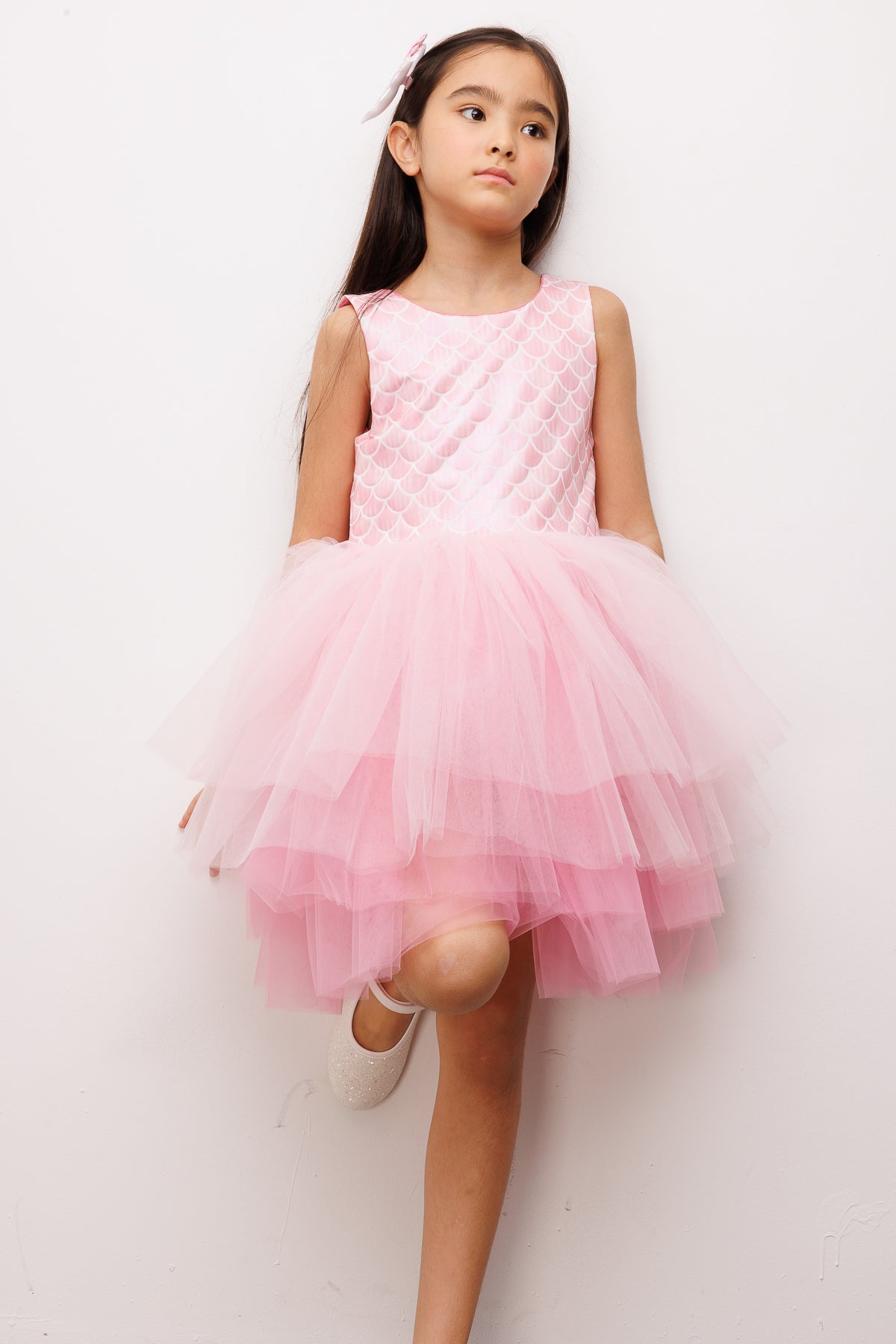 Pembe  Deniz Kızı Desenli Tül Etekli Kız Çocuk Elbise - Carey