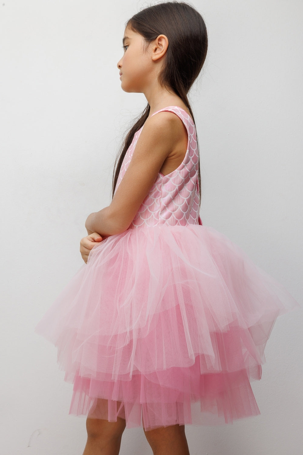 Pembe  Deniz Kızı Desenli Tül Etekli Kız Çocuk Elbise - Carey