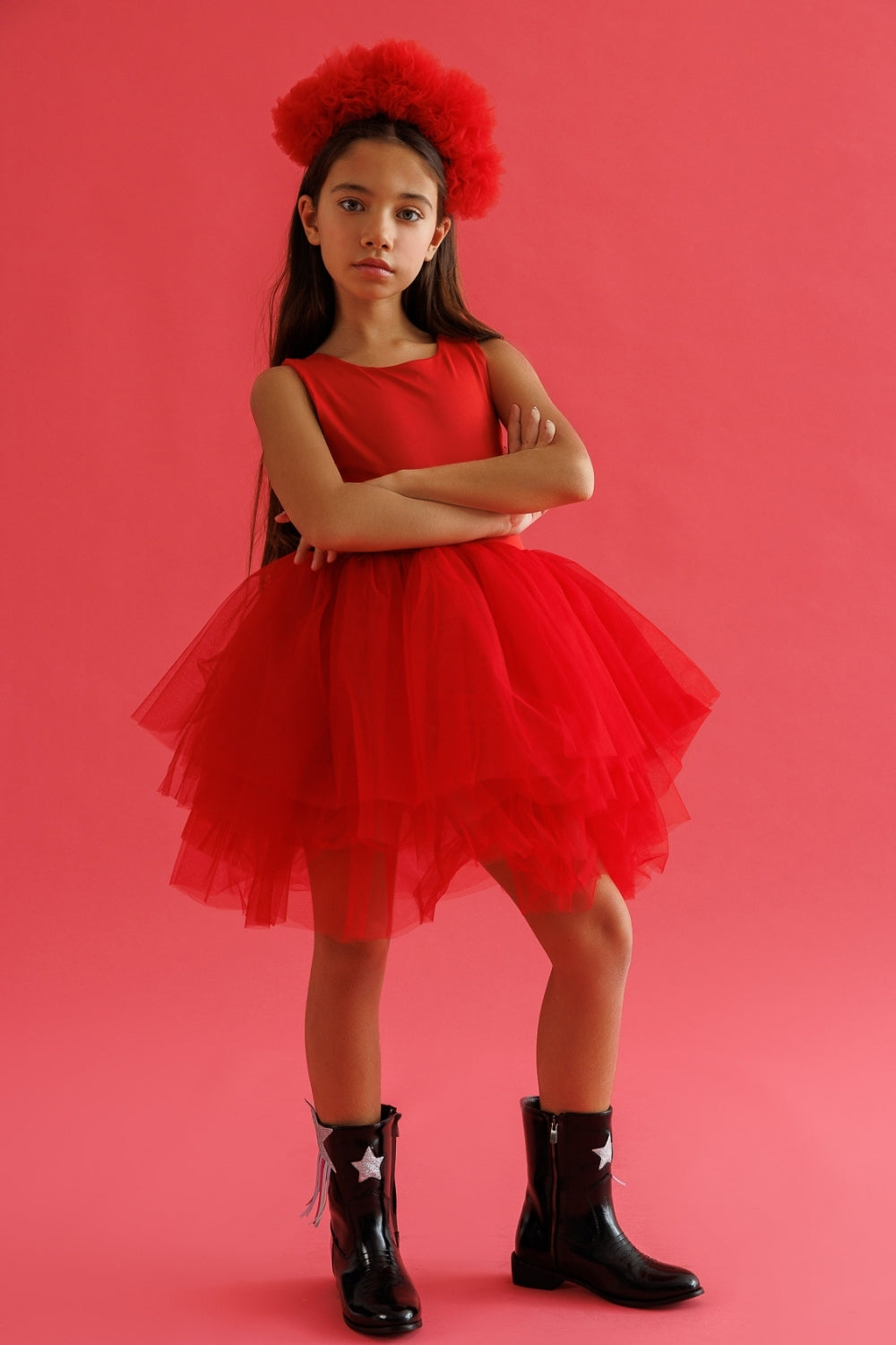 Kırmızı  Tül Etekli Kız Çocuk Balerin Elbise - Carmen