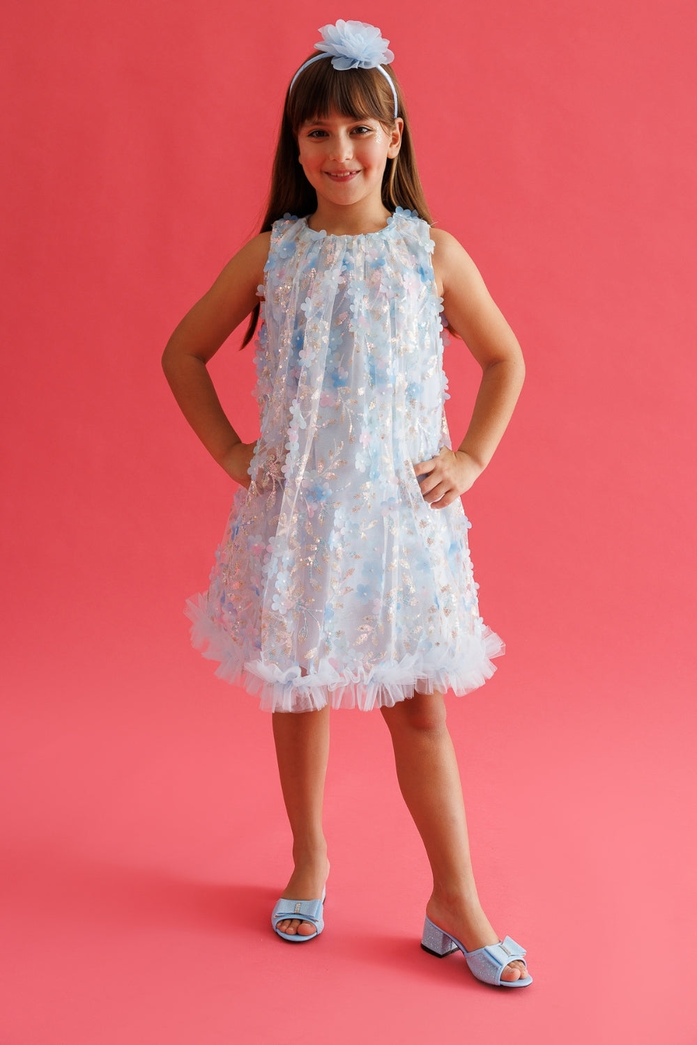 Mavi  Çiçek Kabartmalı Kız Çocuk Elbise - Ivory