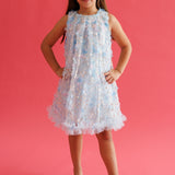 Mavi  Çiçek Kabartmalı Kız Çocuk Elbise - Ivory