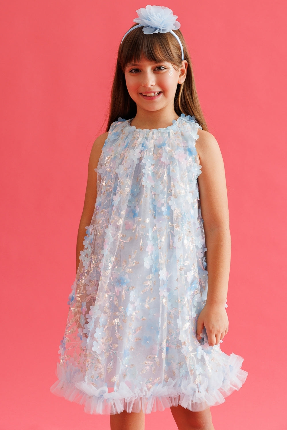 Mavi  Çiçek Kabartmalı Kız Çocuk Elbise - Ivory