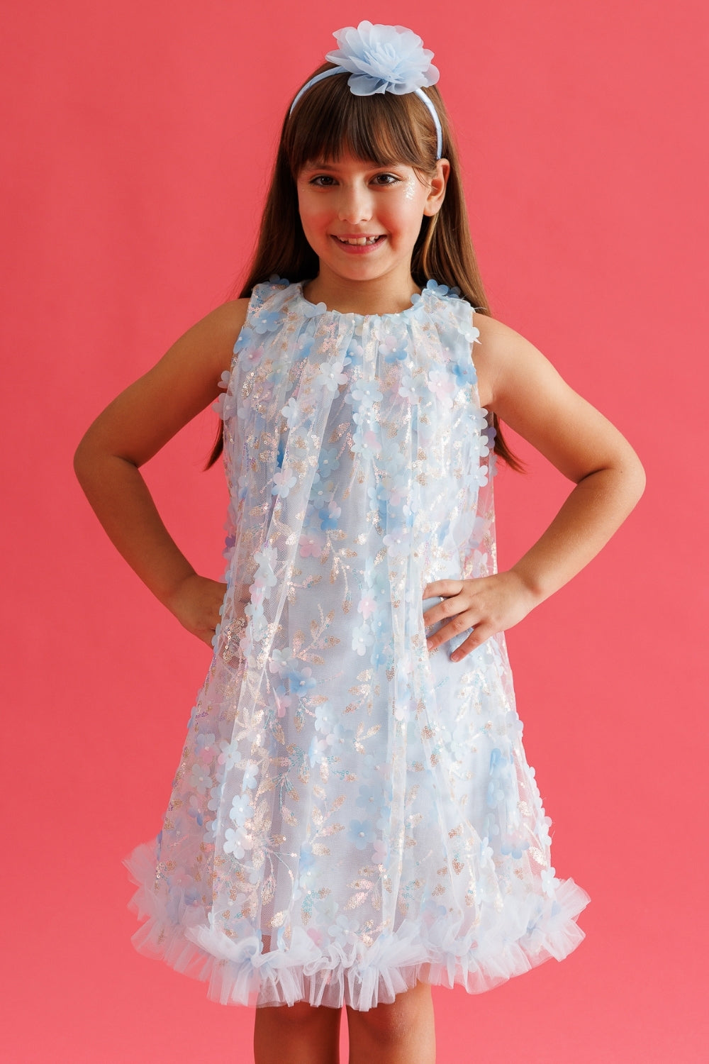 Mavi  Çiçek Kabartmalı Kız Çocuk Elbise - Ivory