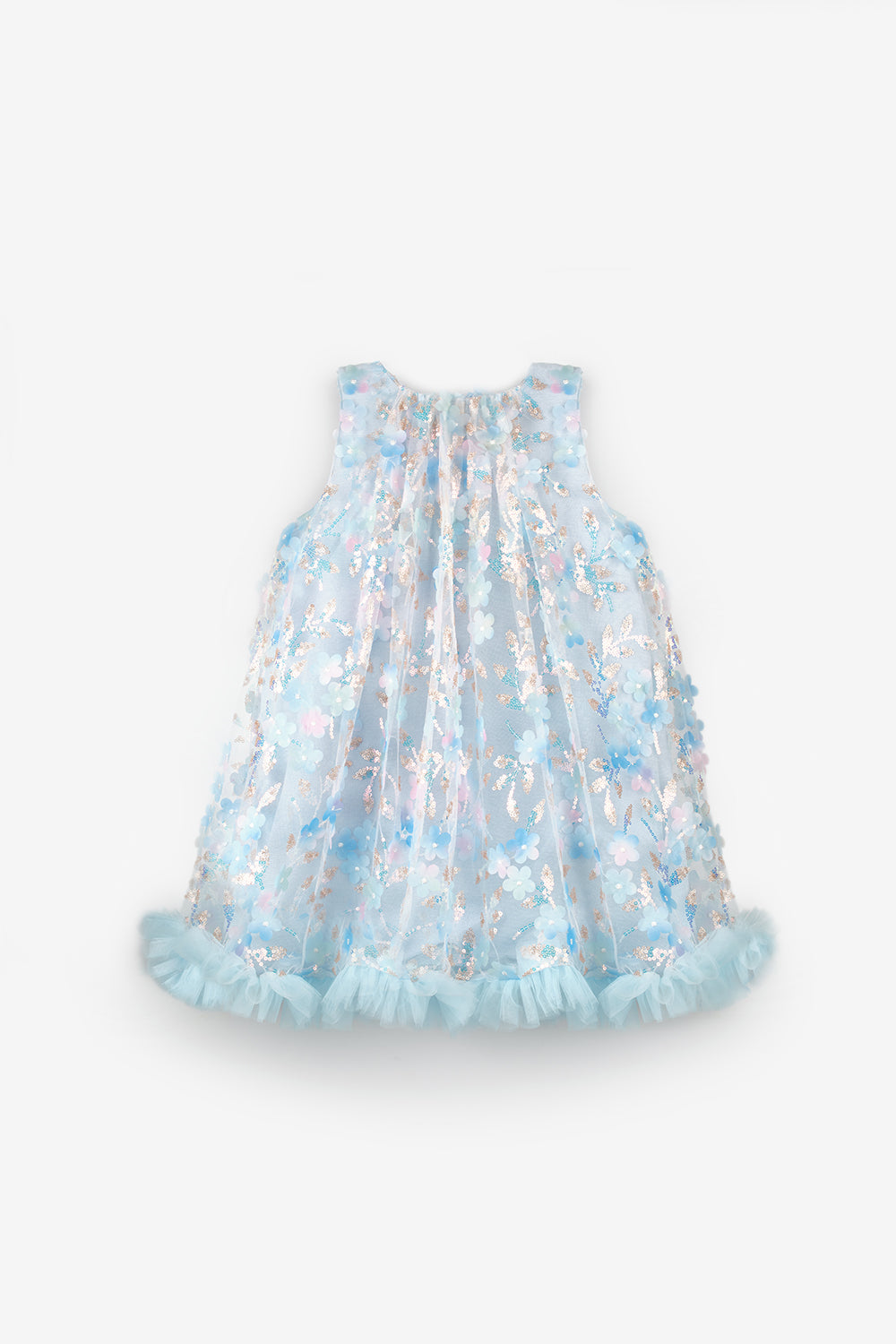 Mavi  Çiçek Kabartmalı Kız Çocuk Elbise - Ivory