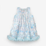 Mavi  Çiçek Kabartmalı Kız Çocuk Elbise - Ivory