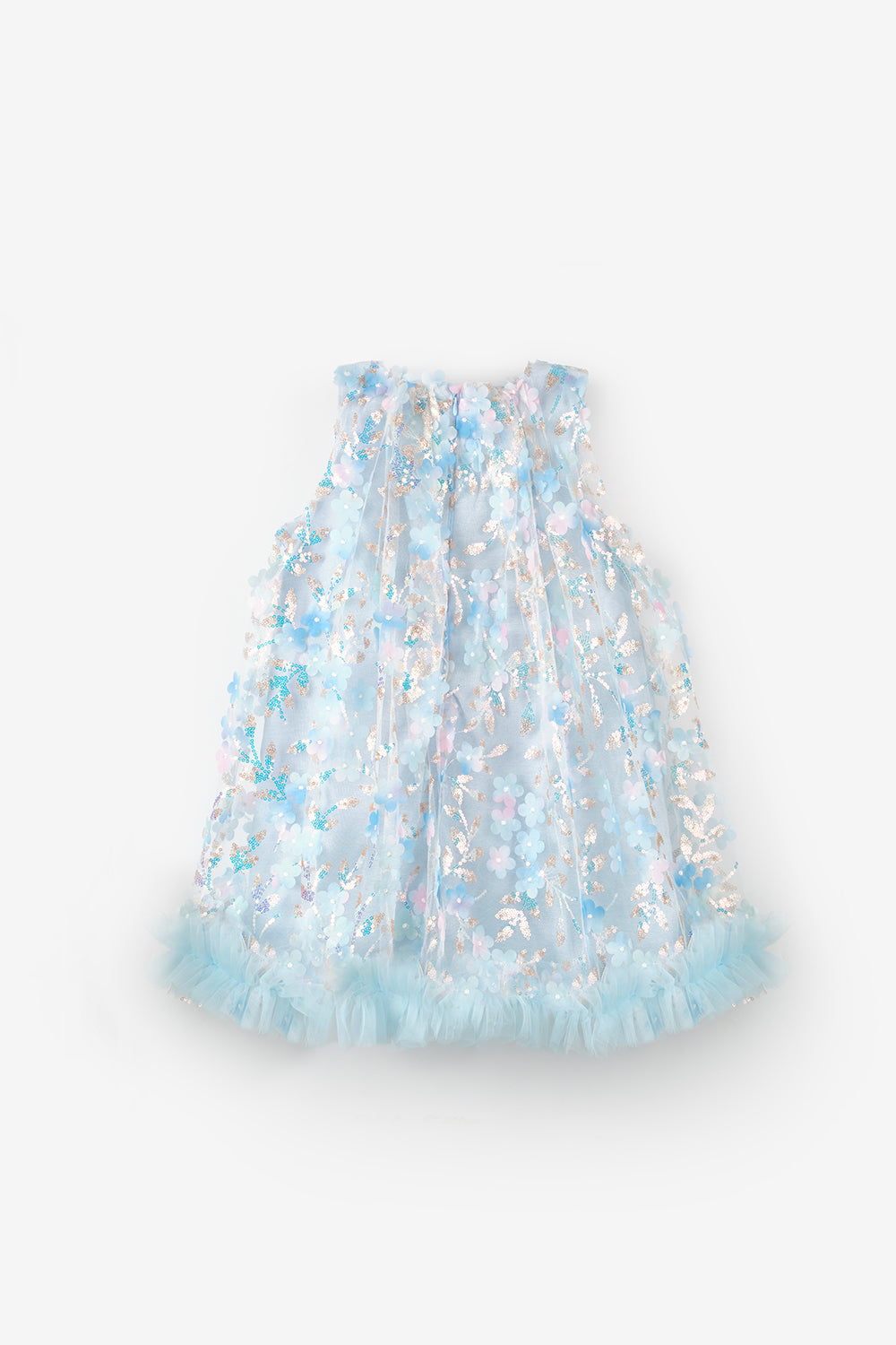 Mavi  Çiçek Kabartmalı Kız Çocuk Elbise - Ivory