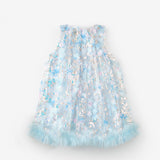 Mavi  Çiçek Kabartmalı Kız Çocuk Elbise - Ivory