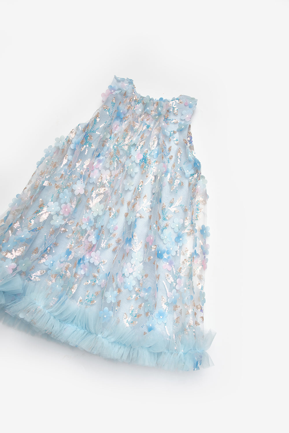 Mavi  Çiçek Kabartmalı Kız Çocuk Elbise - Ivory