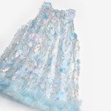 Mavi  Çiçek Kabartmalı Kız Çocuk Elbise - Ivory