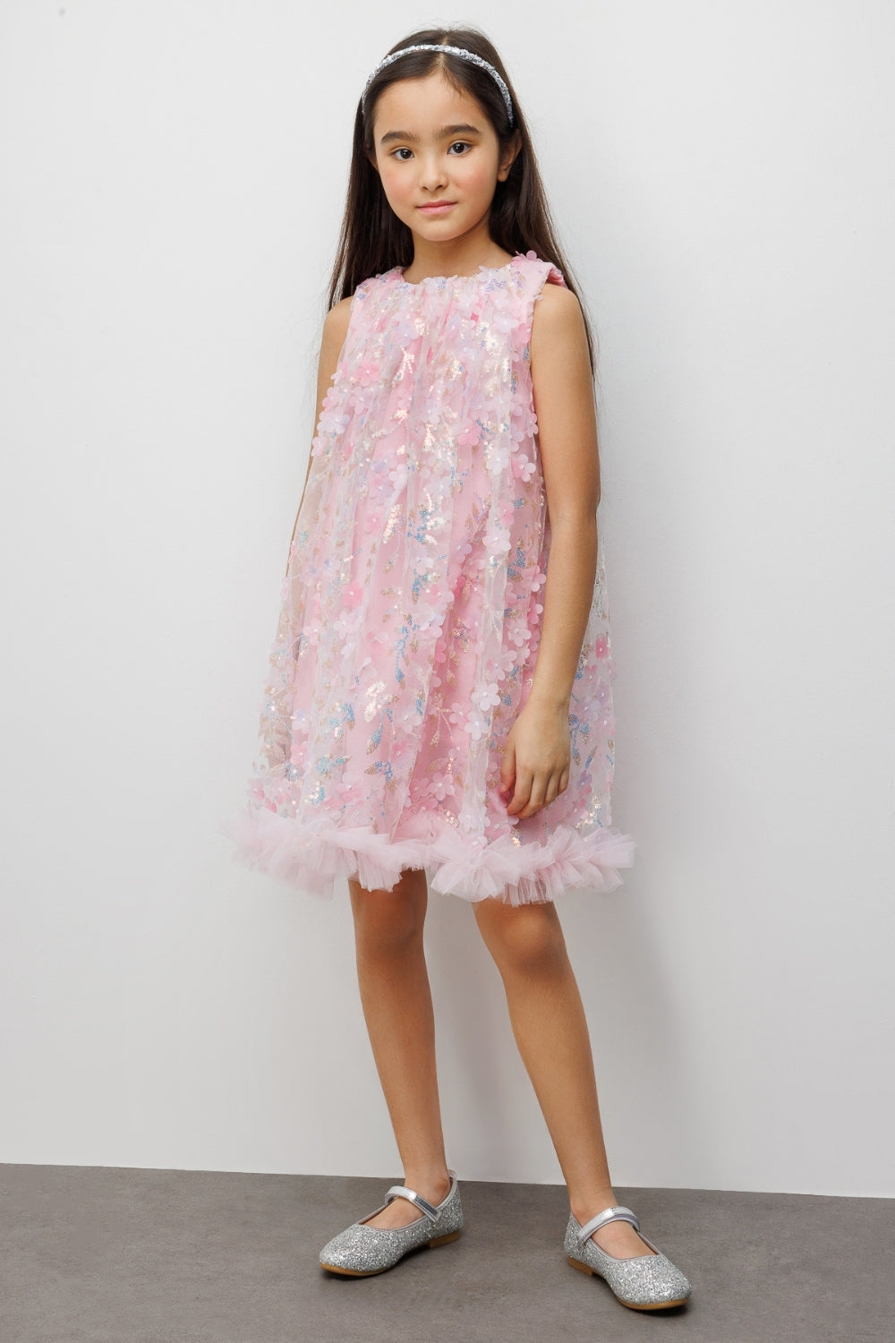 Pembe  Çiçek Kabartmalı Kız Çocuk Elbise - Ivory