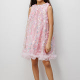 Pembe  Çiçek Kabartmalı Kız Çocuk Elbise - Ivory