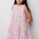 Pembe  Çiçek Kabartmalı Kız Çocuk Elbise - Ivory