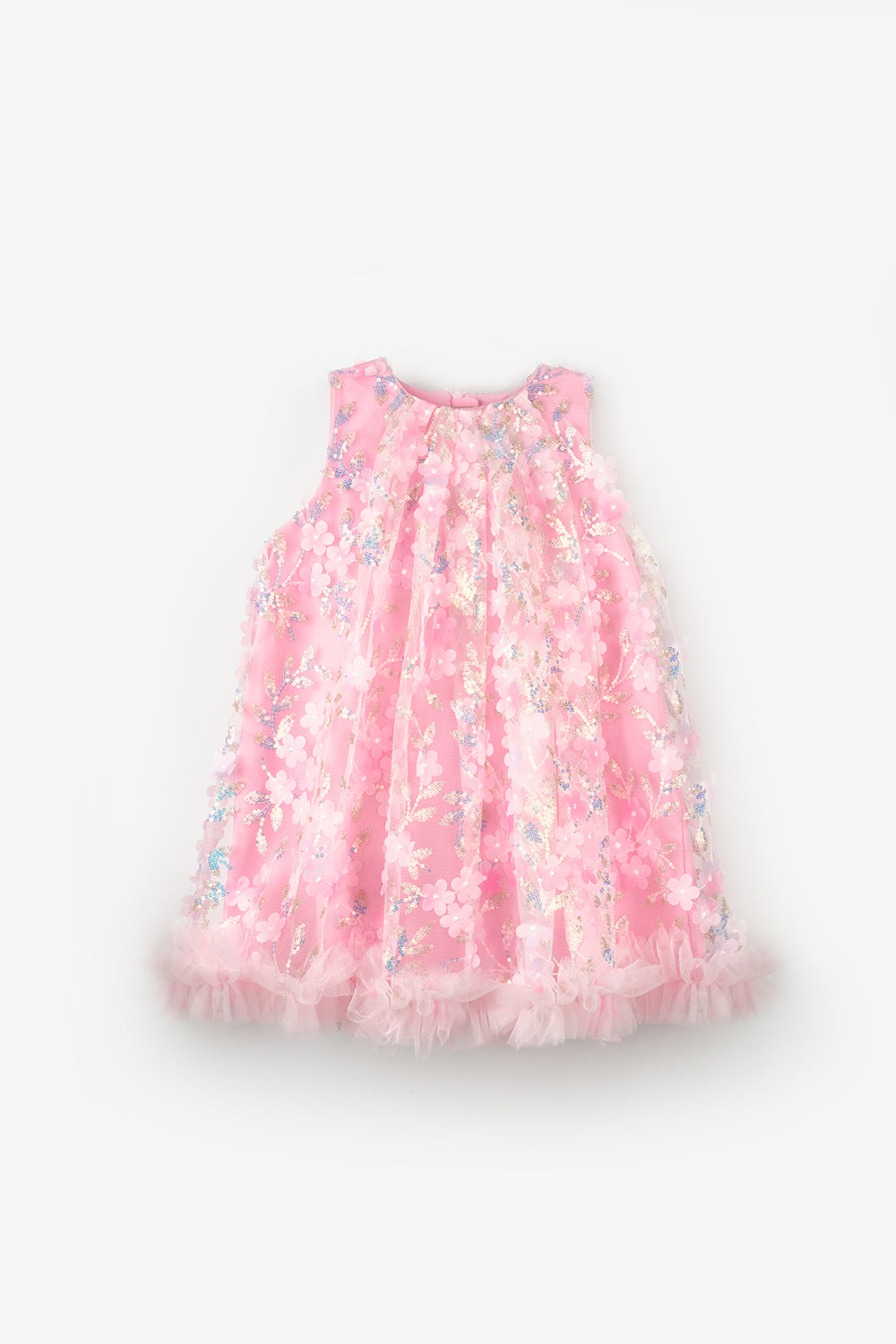 Pembe  Çiçek Kabartmalı Kız Çocuk Elbise - Ivory