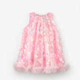 Pembe  Çiçek Kabartmalı Kız Çocuk Elbise - Ivory