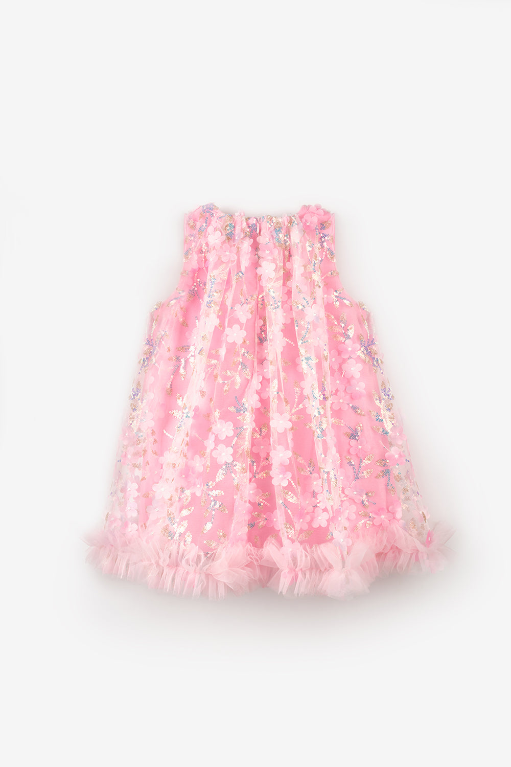 Pembe  Çiçek Kabartmalı Kız Çocuk Elbise - Ivory