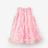 Pembe  Çiçek Kabartmalı Kız Çocuk Elbise - Ivory