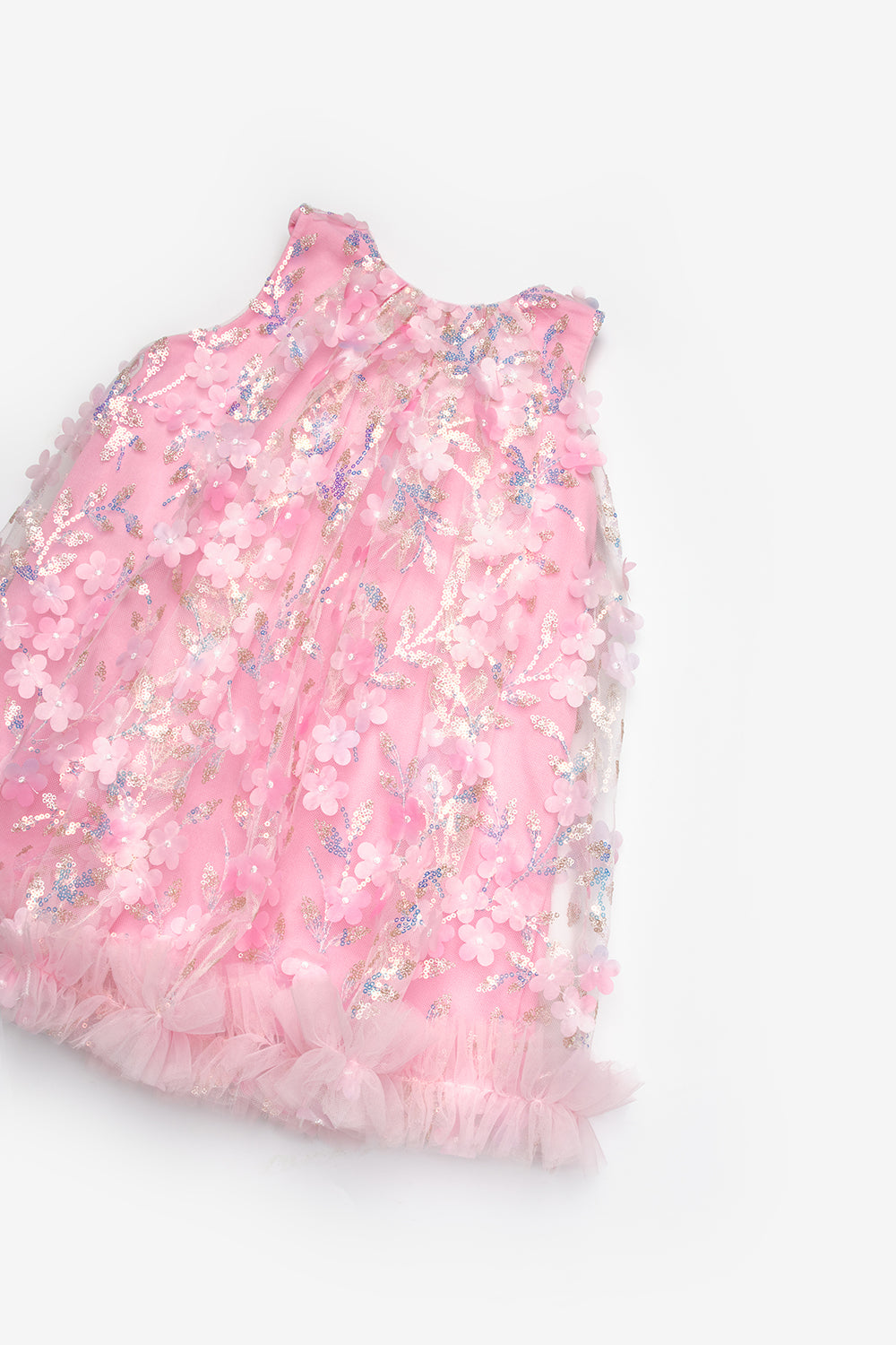 Pembe  Çiçek Kabartmalı Kız Çocuk Elbise - Ivory