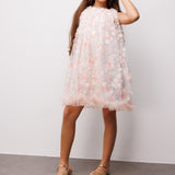 Somon  Çiçek Kabartmalı Kız Çocuk Elbise - Ivory