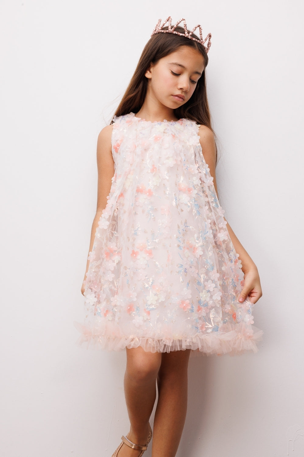 Somon  Çiçek Kabartmalı Kız Çocuk Elbise - Ivory