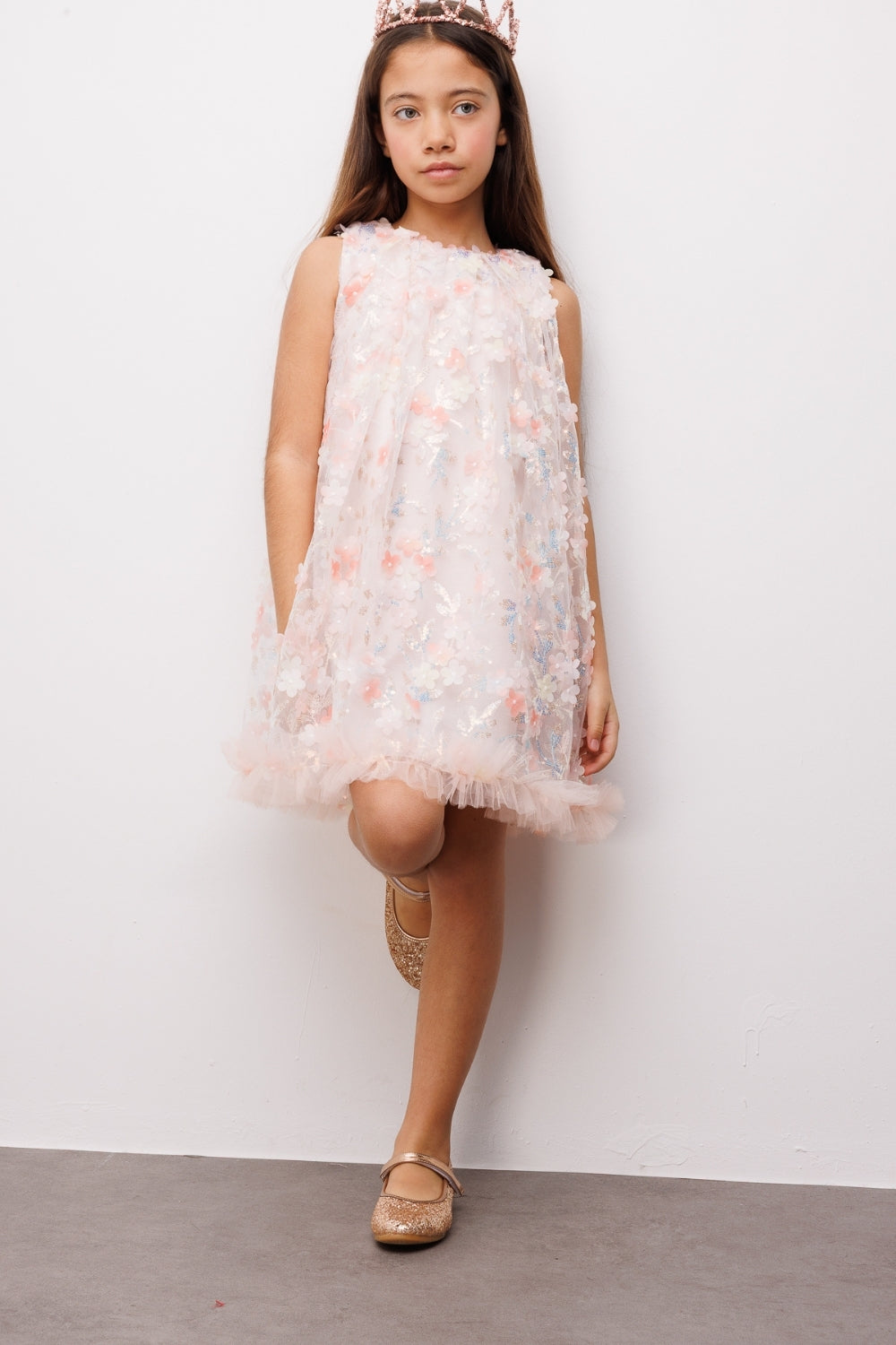 Somon  Çiçek Kabartmalı Kız Çocuk Elbise - Ivory